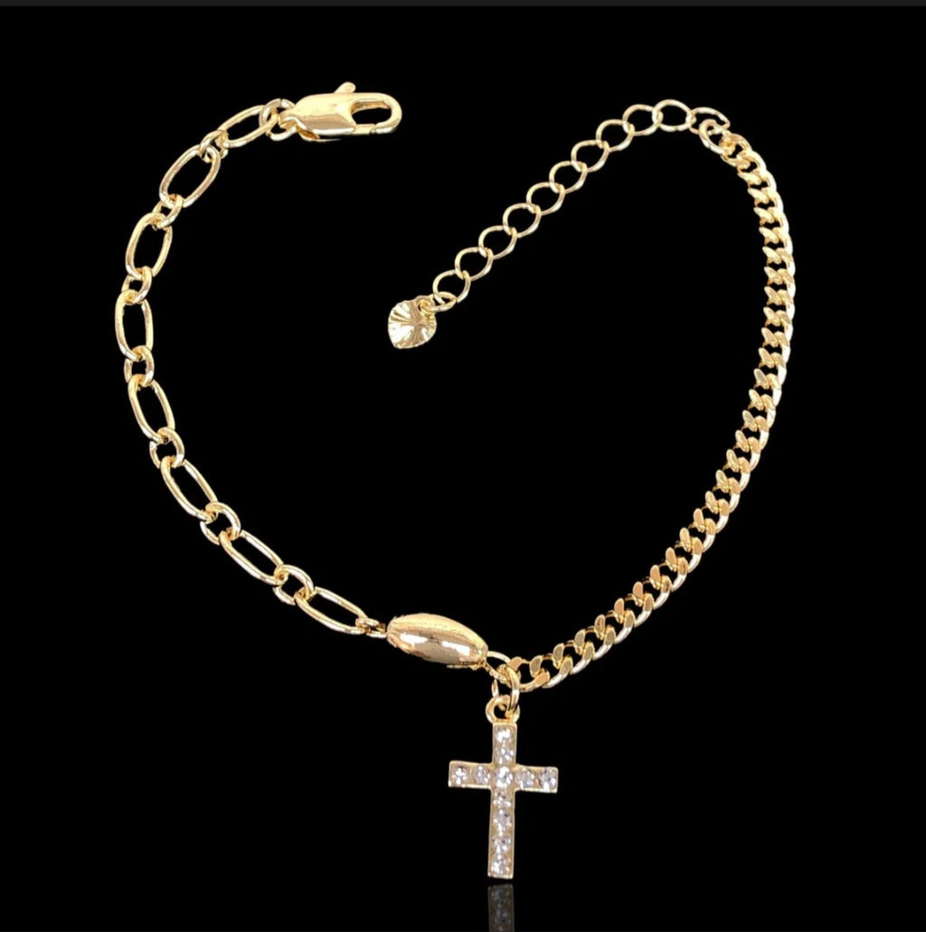 Pulsera Asimétrica de Eslabones y Cruz con Circonias | Baño de Oro 18K