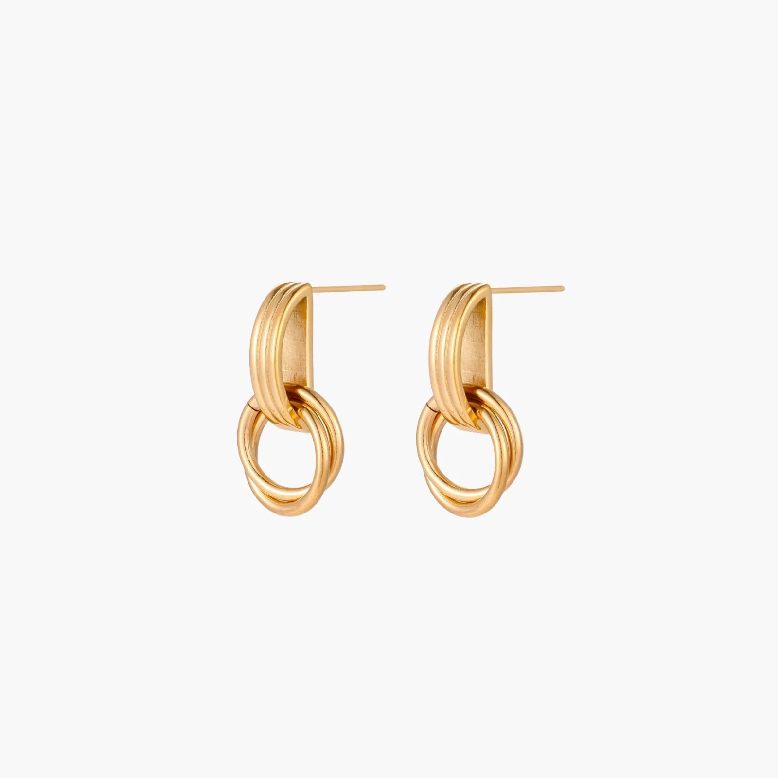 Gold stud earrings with vertical ridged bar connecting to triple interlocking circular rings on white background