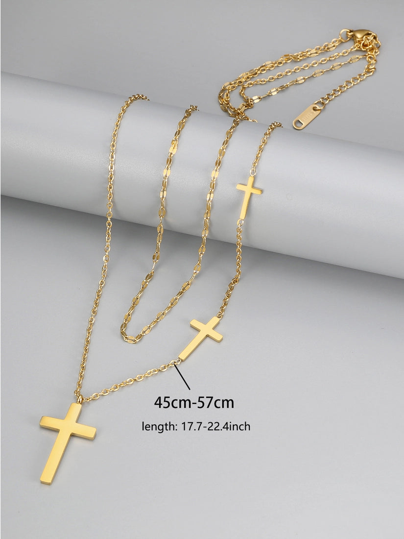 Collar de cadena de clavícula con colgante de cruz de doble capa