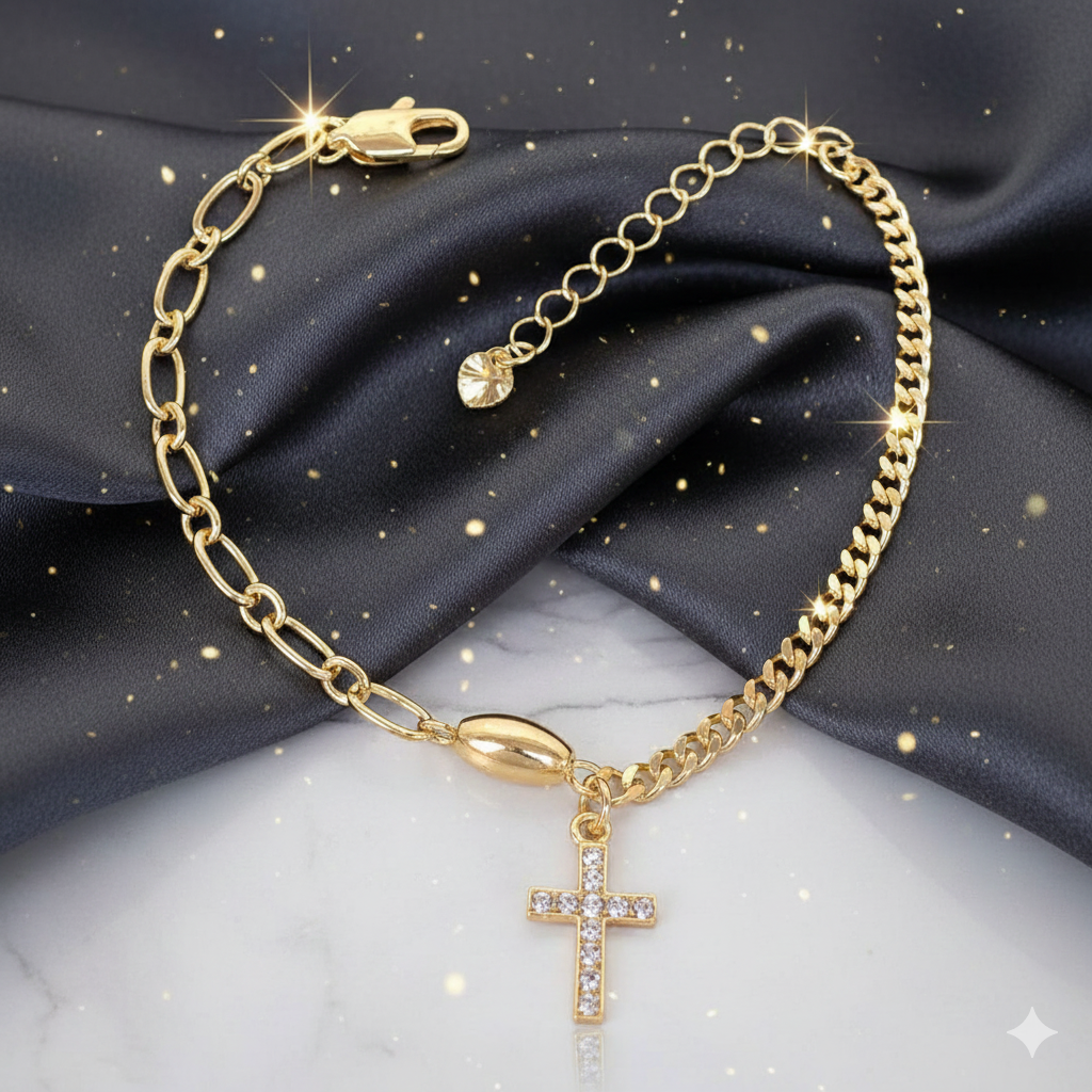 Pulsera Asimétrica de Eslabones y Cruz con Circonias | Baño de Oro 18K